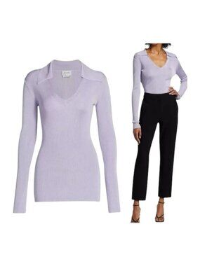 St. John Womens Ribbed Lavender Long-Sleeve Collared Knit Top XS